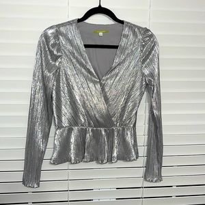 V Neck Shiny Silver Blouse